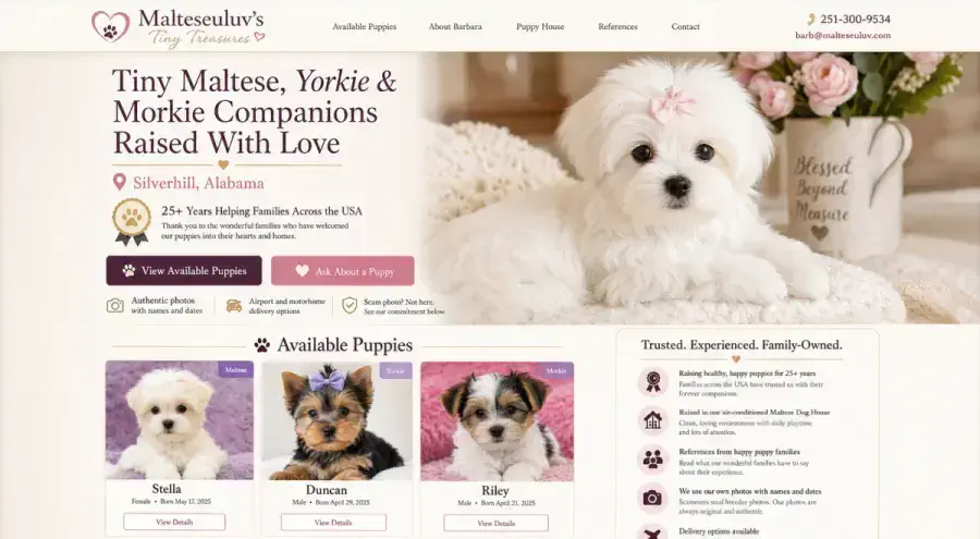Breeder website homepage with hero welcome message, featured litter cards, and navigation to puppies and applications.