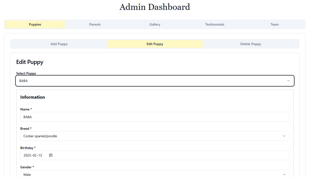 Admin dashboard interface showing puppy management